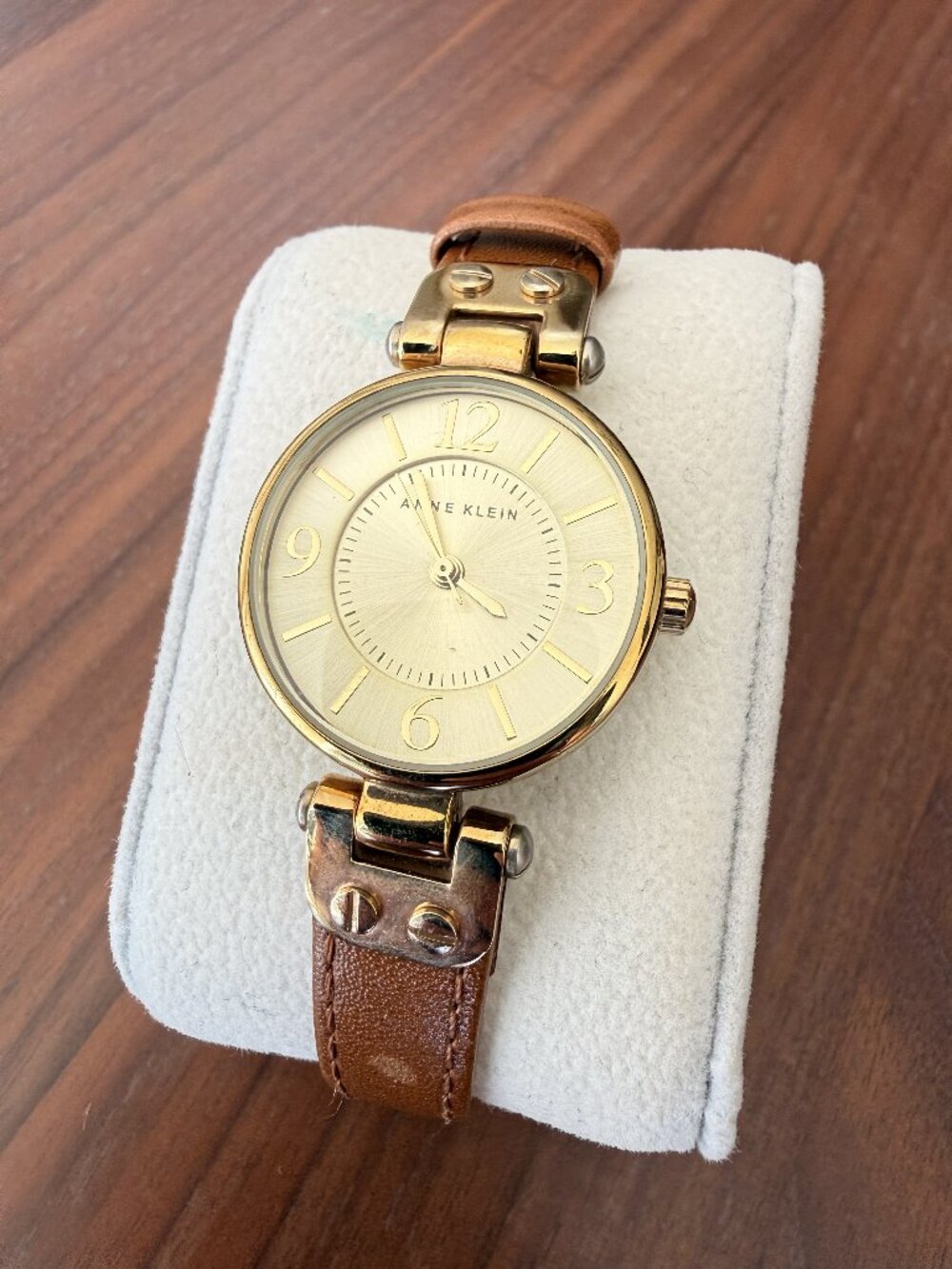 Anne Klein Gold Tone Quartz Watch Brown Leather Strap Classic Women’s Analog